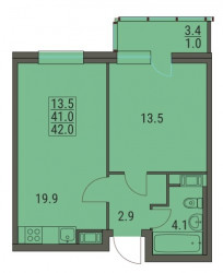 Двухкомнатная квартира (Евро) 42 м²