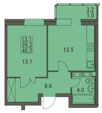 Двухкомнатная квартира (Евро) 40.2 м²