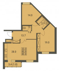 Трёхкомнатная квартира (Евро) 80.8 м²