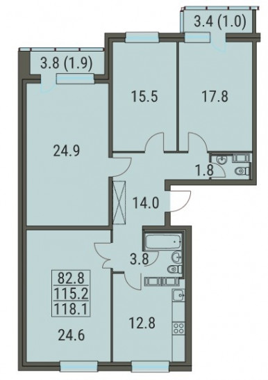 Четырёхкомнатная квартира 118.1 м²