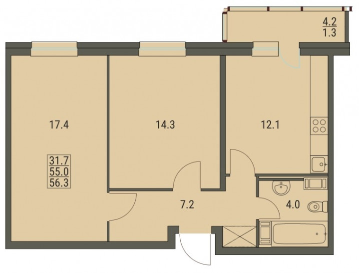 Двухкомнатная квартира 56.3 м²