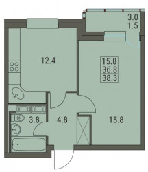 Однокомнатная квартира 38.3 м²